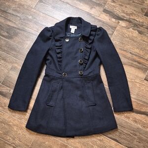 Say What? Navy Blue Ruffle Detail Puff Sleeve Wool Blend Lined Midi Coat, XS